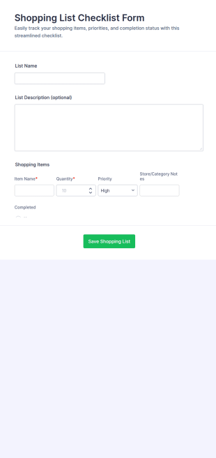 Shopping List Checklist Form Template