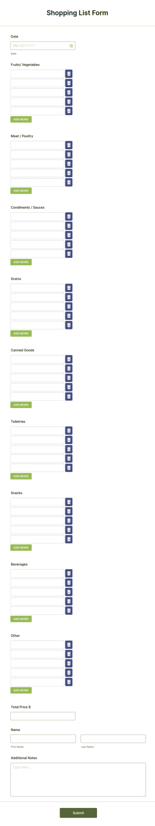 Shopping List Form Template