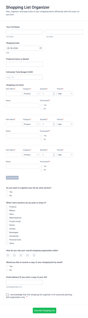Shopping List Organizer Form Template