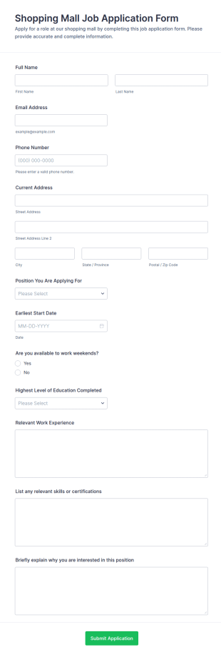 Shopping Mall Job Application Form Template