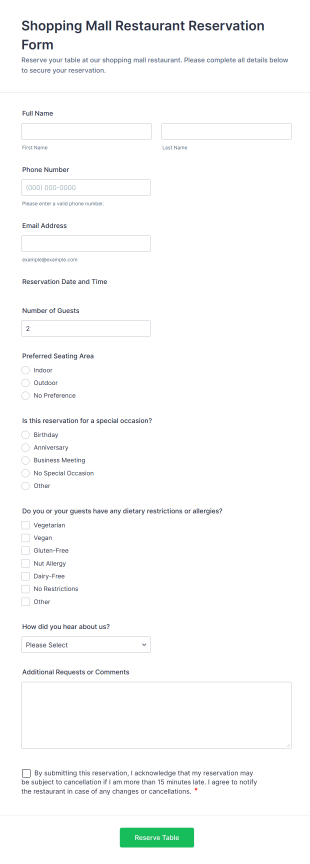 Shopping Mall Restaurant Reservation Form Template