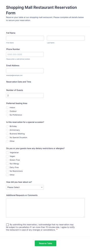 Shopping Mall Restaurant Reservation Form Template