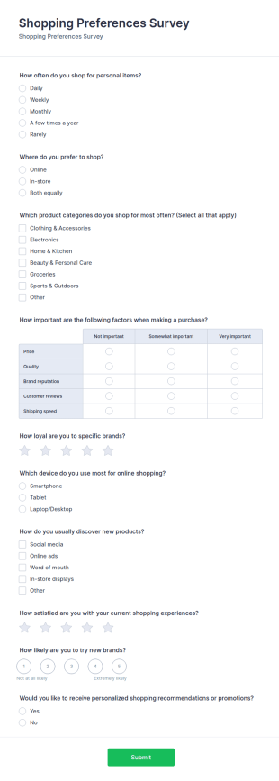 Shopping Preferences Survey Form Template