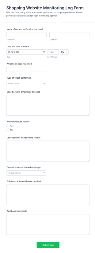 Shopping Website Monitoring Log Form Template