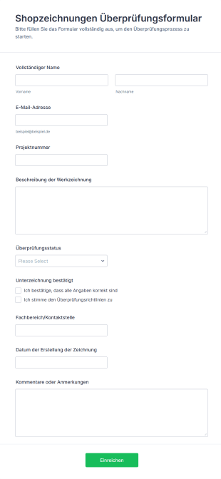 Shopzeichnungen Überprüfungsformular