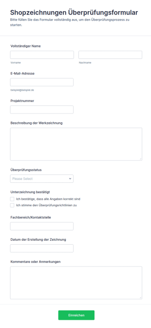 Shopzeichnungen Überprüfungsformular