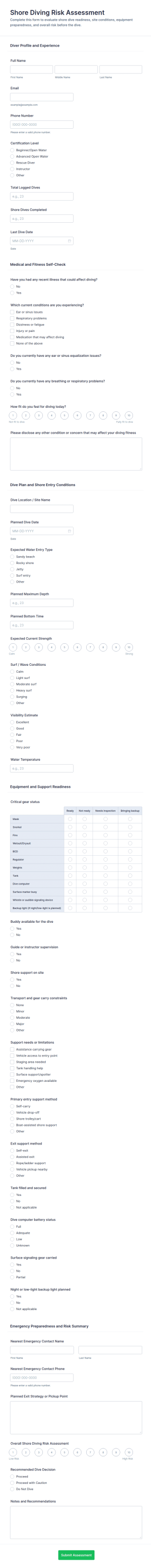 Shore Diving Risk Assessment Form Template