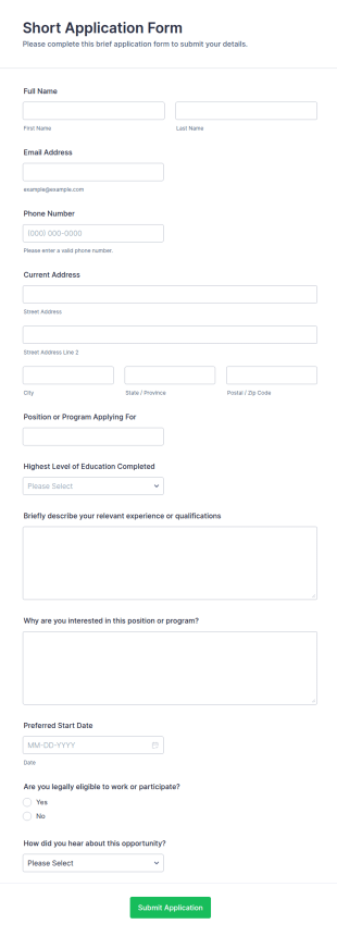 Short Application Form Template