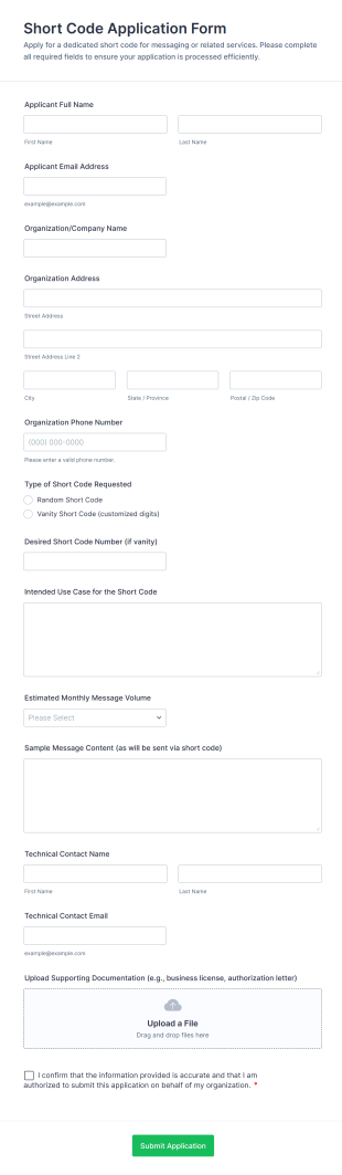 Short Code Application Form Template