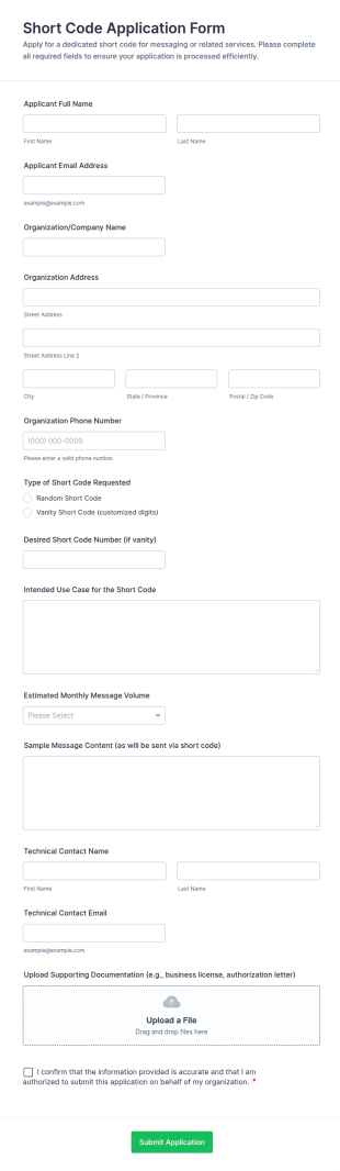 Short Code Application Form Template