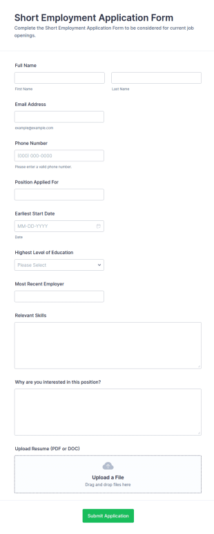 Short Employment Application Form Template