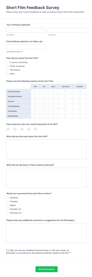 Short Film Feedback Survey Form Template