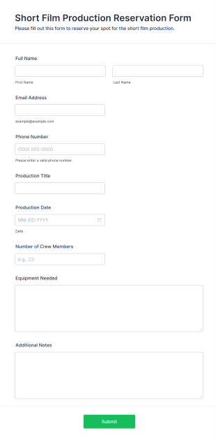 Short Film Production Reservation Form Template