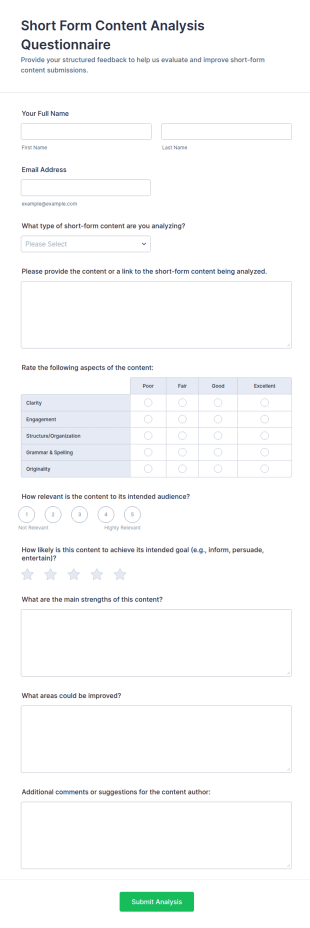 Short Form Content Analysis Questionnaire Form