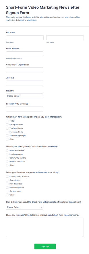Short Form Video Marketing Newsletter Signup Form