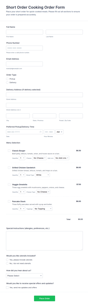 Short Order Cooking Order Form Template