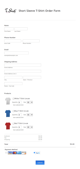 Short Sleeve T Shirt Order Form Template