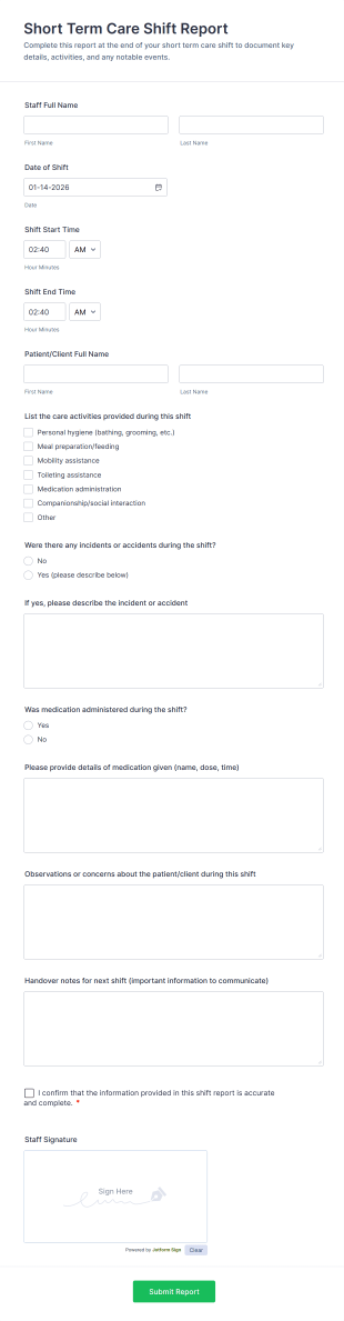 Short Term Care Shift Report Form Template