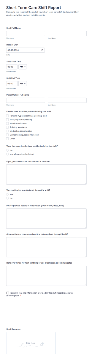 Short Term Care Shift Report Form Template