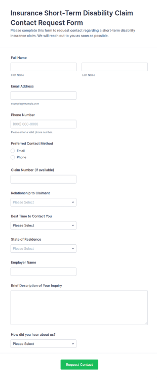 Short Term Disability Claim Contact Request Form Template