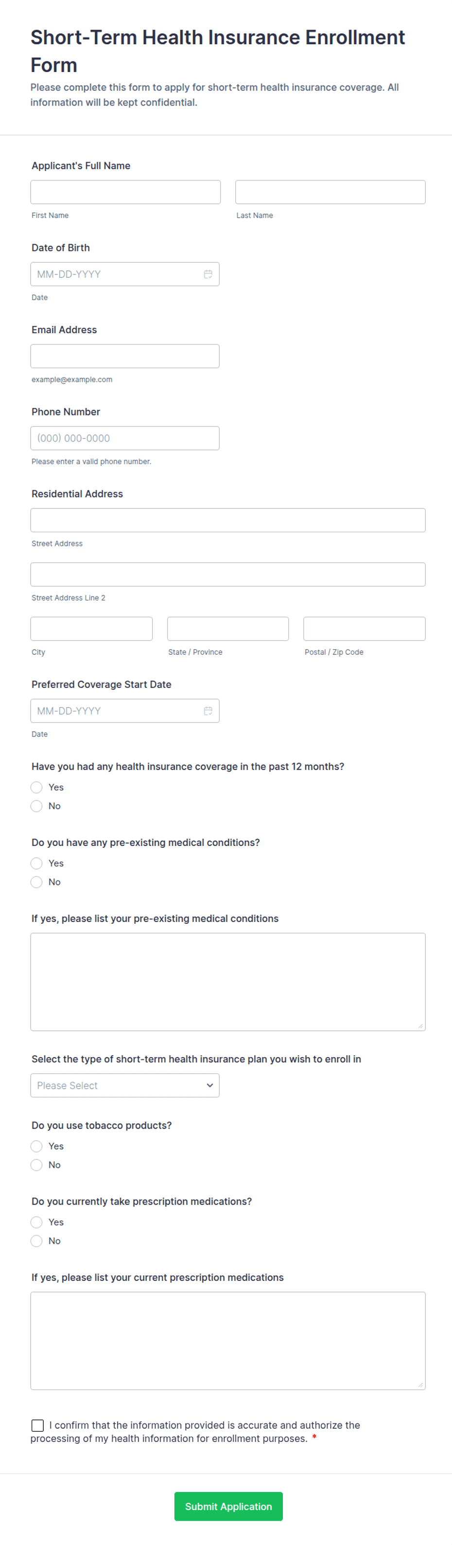 Short-Term Health Insurance Enrollment Form Template | Jotform