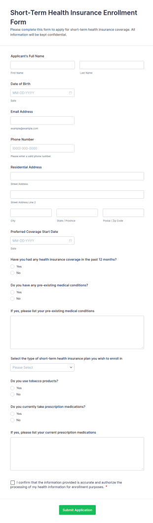 Short Term Health Insurance Enrollment Form Template