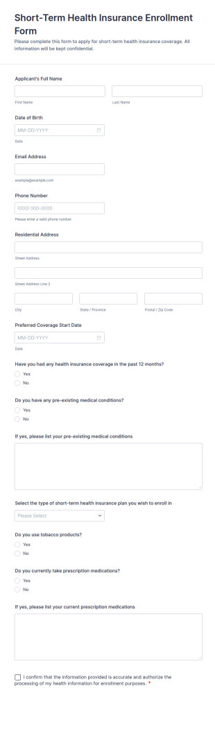 Short Term Health Insurance Enrollment Form Template