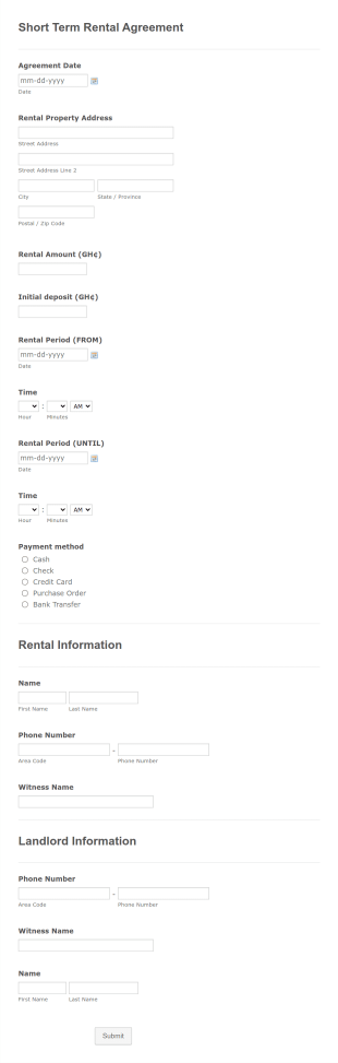 Short Term Rental Agreement Form Template