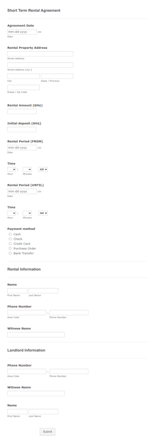Short Term Rental Agreement Form Template
