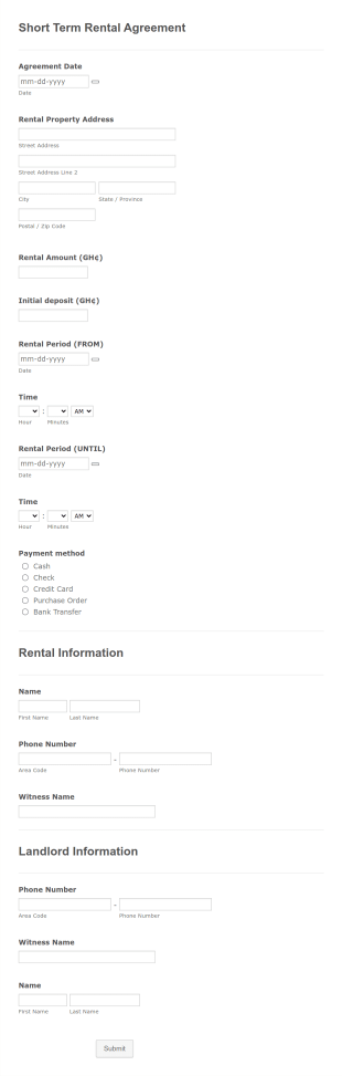 Short Term Rental Agreement Form Template