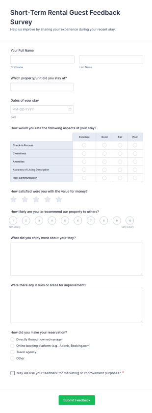 Short Term Rental Guest Feedback Survey Form Template