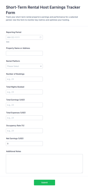 Short Term Rental Host Earnings Tracker Form Template