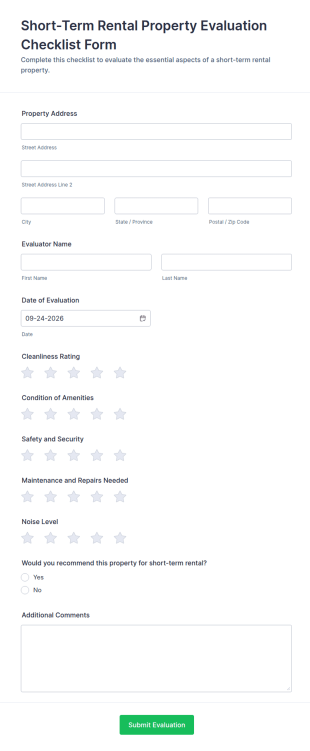 Short Term Rental Property Evaluation Checklist Form Template