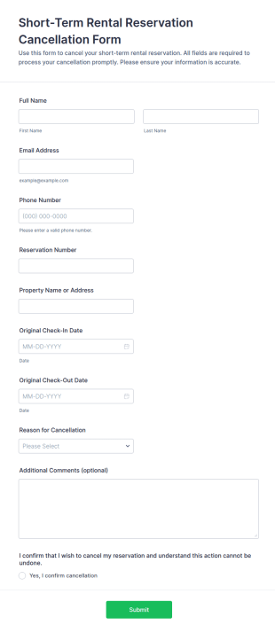 Short Term Rental Reservation Cancellation Form Template