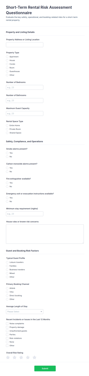 Short Term Rental Risk Assessment Questionnaire Form Template
