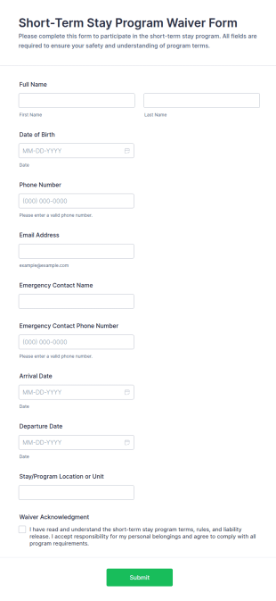 Short Term Stay Program Waiver Form Template