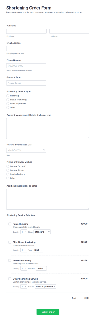 Shortening Order Form Template