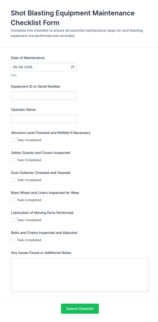 Shot Blasting Equipment Maintenance Checklist Form Template