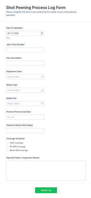 Shot Peening Process Log Form Template