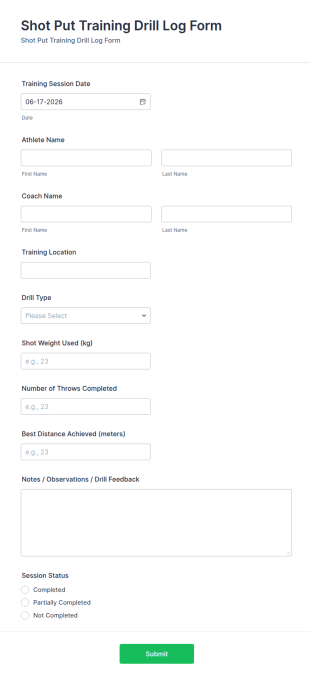 Shot Put Training Drill Log Form Template