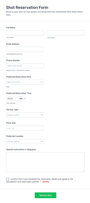 Shot Reservation Form Template