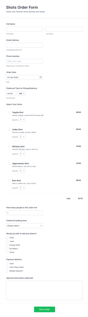 Shots Order Form Template