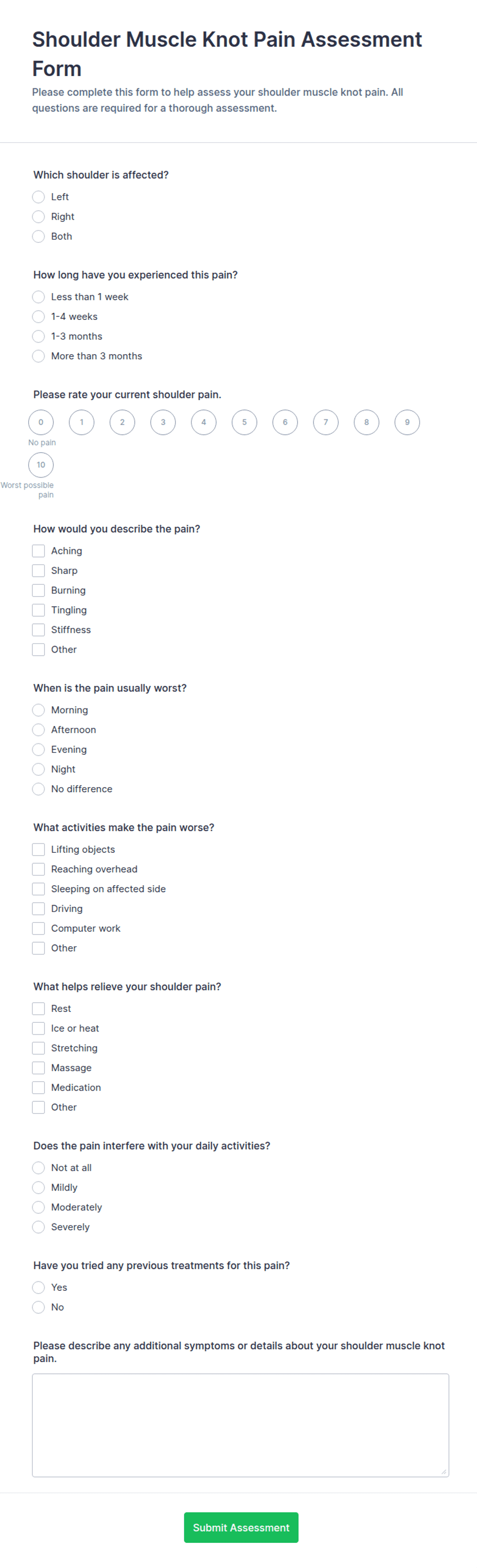 Shoulder Muscle Knot Pain Assessment Form Template | Jotform