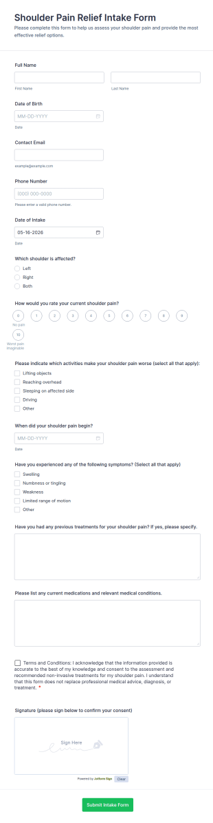 Shoulder Pain Relief Intake Form Template