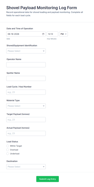 Shovel Payload Monitoring Log Form Template