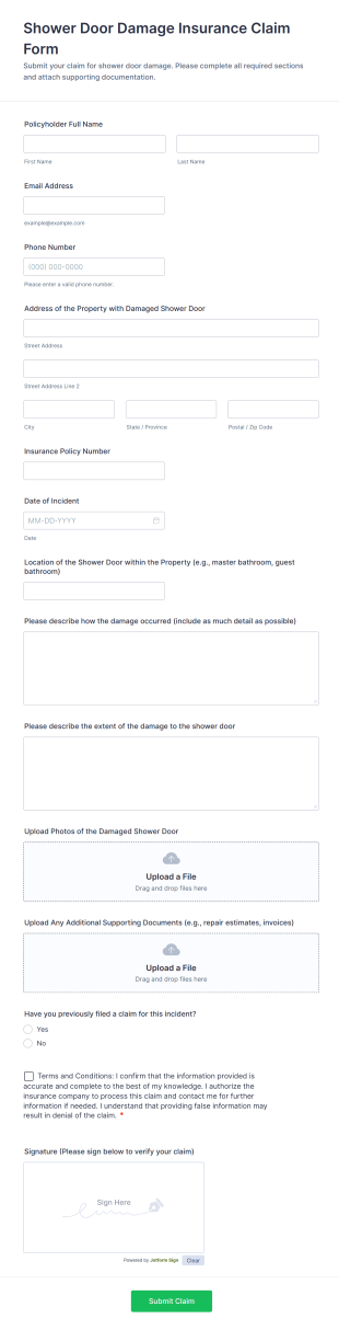 Shower Door Damage Insurance Claim Form Template