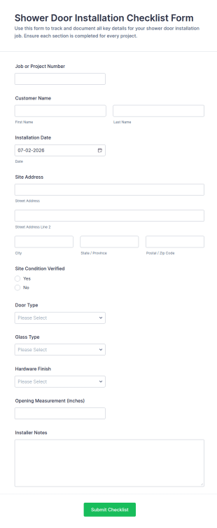 Shower Door Installation Checklist Form Template