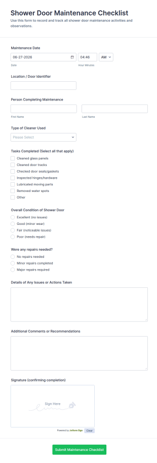 Shower Door Maintenance Checklist Form Template
