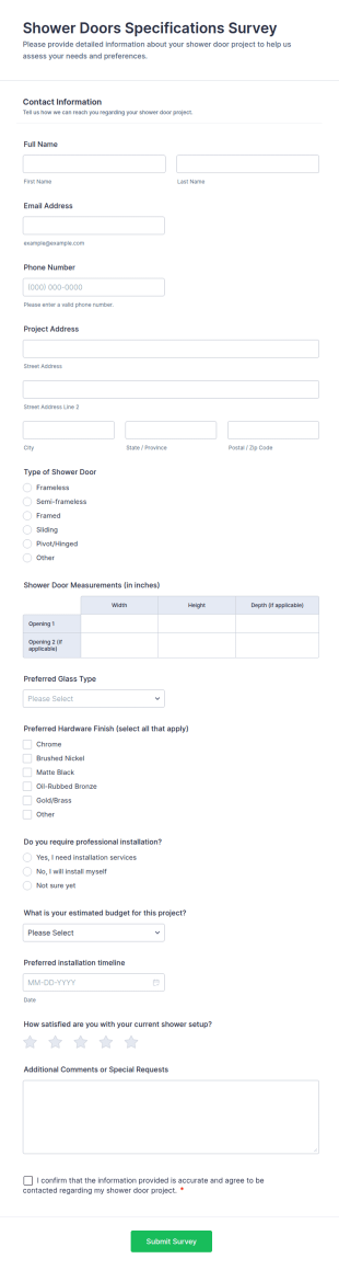 Shower Doors Specifications Survey Form Template