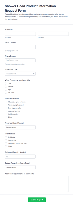 Shower Head Product Information Request Form Template